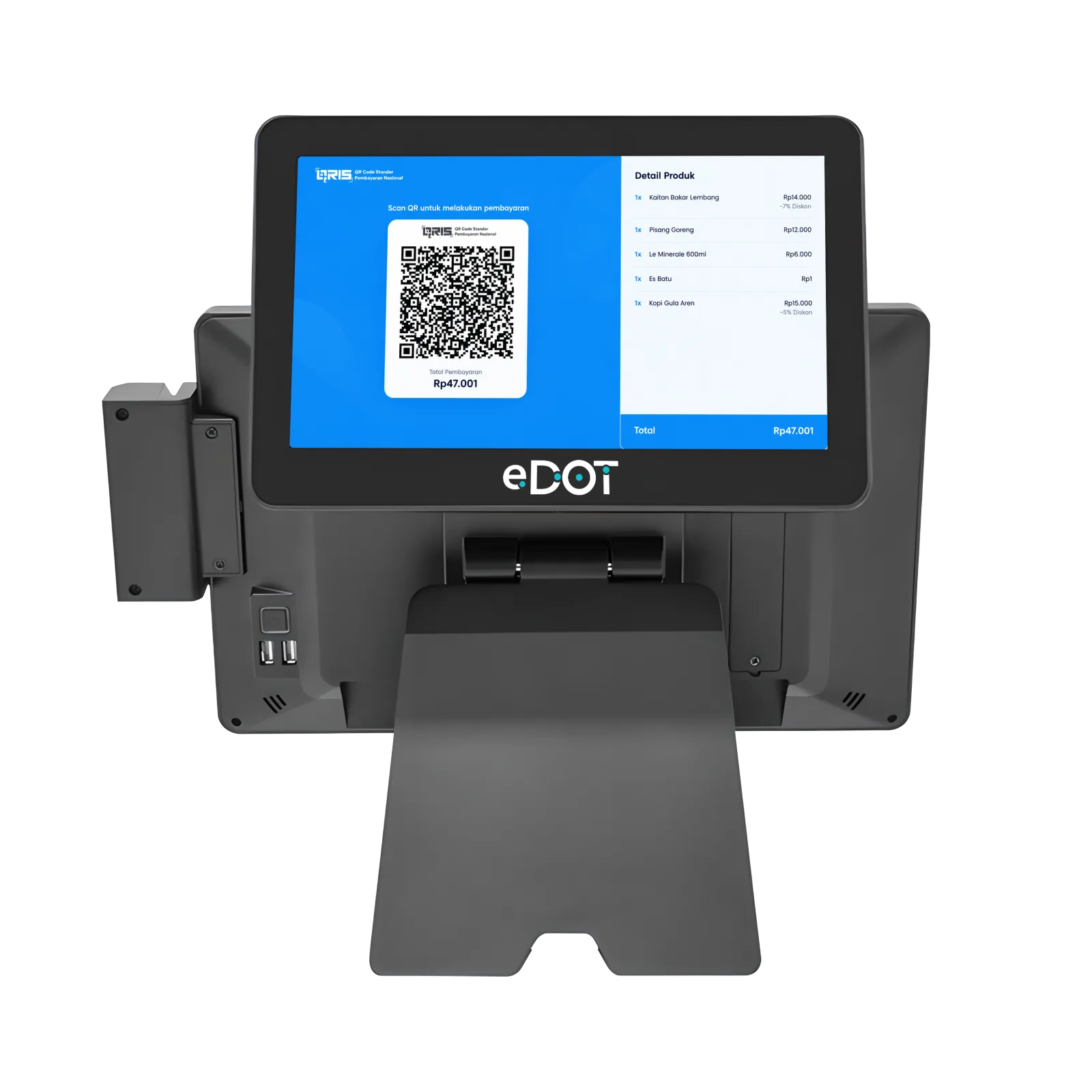 Customer display D3 eDOT dengan tampilan QR payment dan rekap pembelian Opaper
