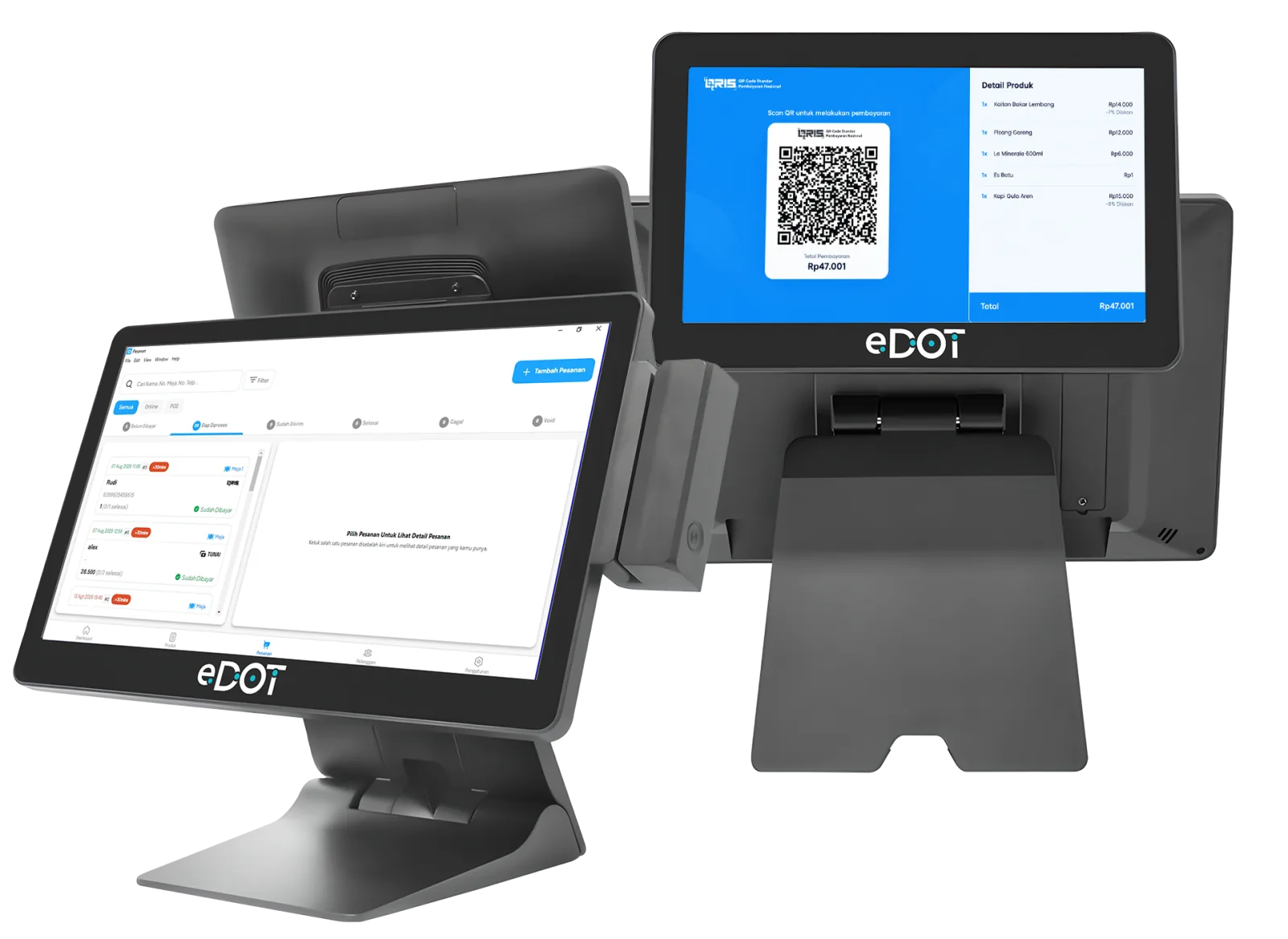 Mesin kasir D3 eDOT dua sisi: UI Kasir Opaper dan customer display QR payment