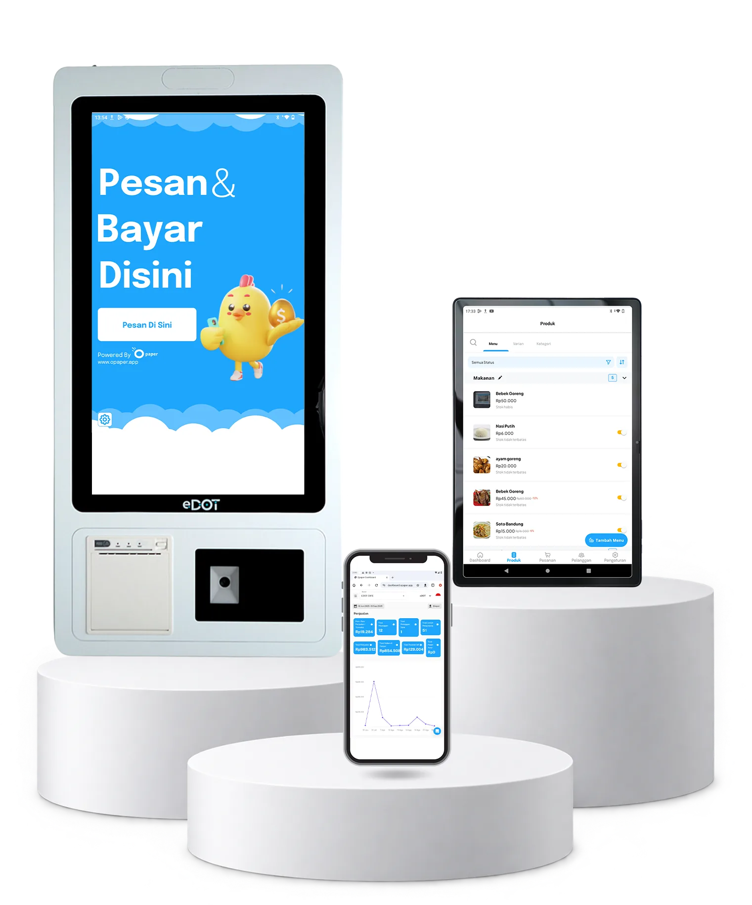 Kiosk EK2 eDOT, Tablet T3 (daftar produk) dan HP dengan dashboard Opaper