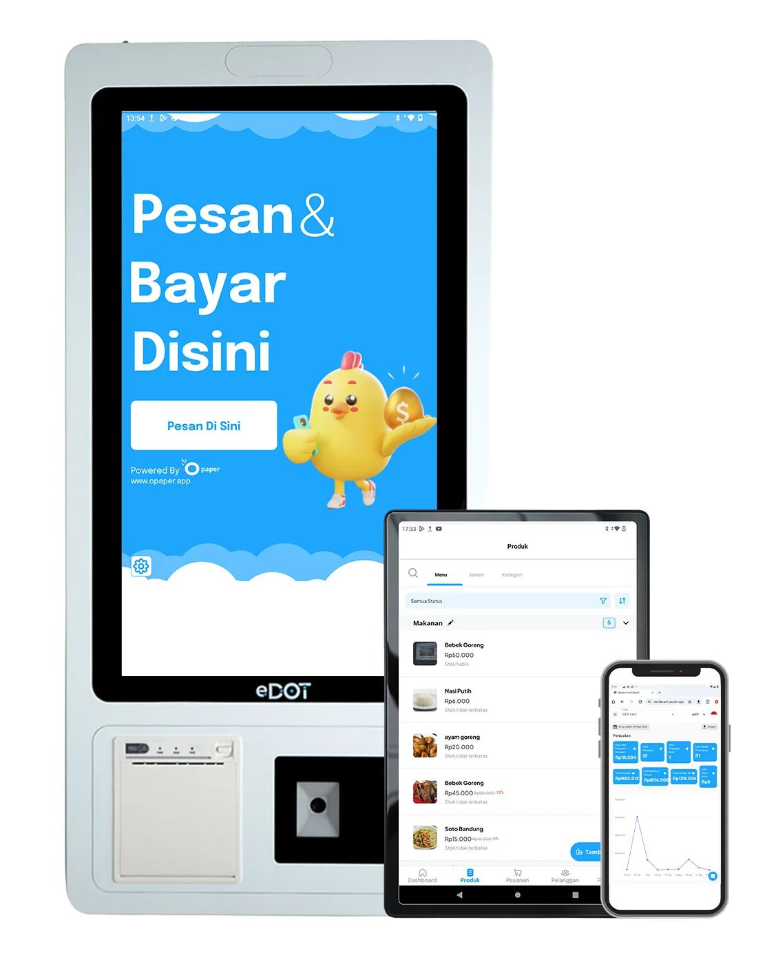 Kiosk EK2 eDOT, Tablet T3 potret dan HP dengan UI Opaper