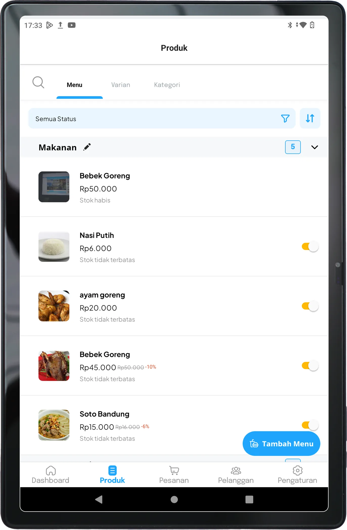 Tablet T3 eDOT (portrait) dengan UI Dashboard Produk Opaper