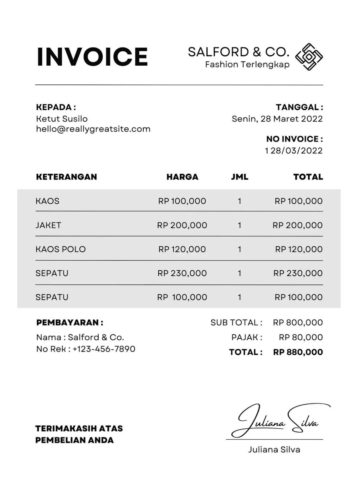 Contoh Invoice Pembelian/Pembelanjaan Barang