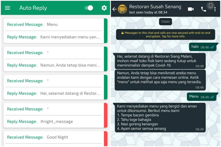 Tampilan balasan di aplikasi Whatsapp